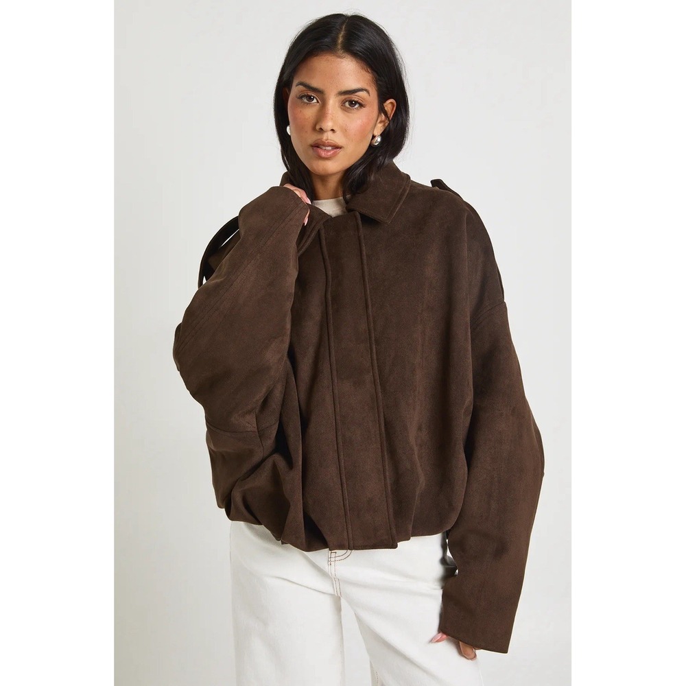 Women Oversized Long Sleeve Jacket Epaulet Bomber Faux Suede Leather NEW M